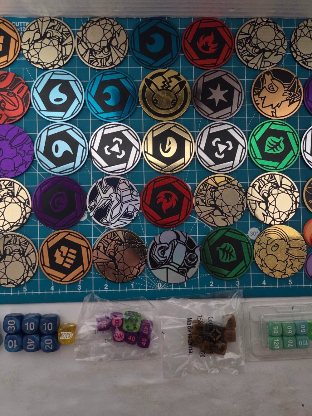 Pokemon TCG Coin Lot of 48 Official Holo Coins + 4 Sets of Dice Eevee Pikachu I